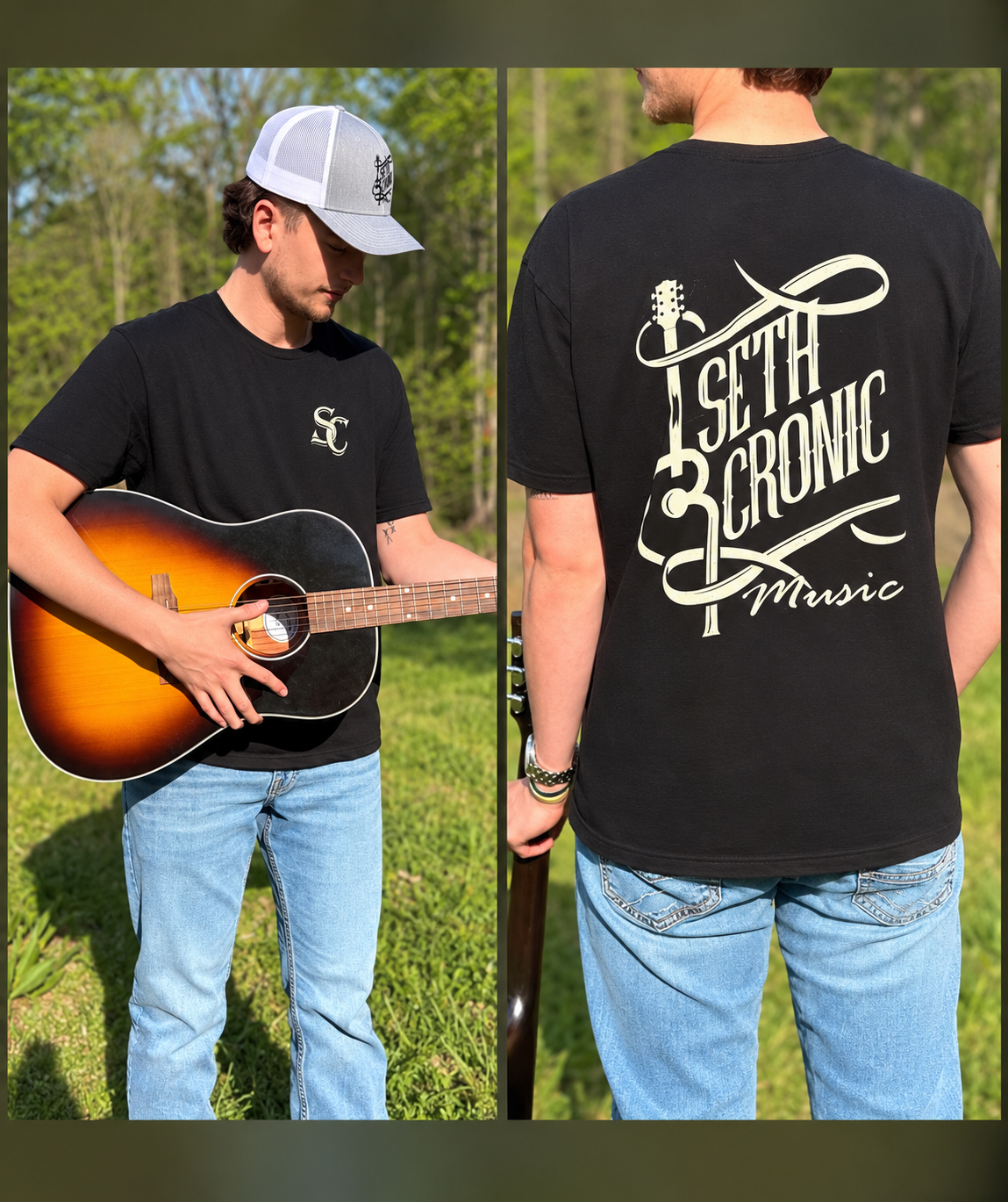 Seth Cronic wearing a black Seth Cronic Music t-shirt and trucker hat, front and back view